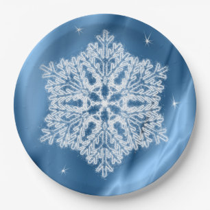 Elegant Winter Blue and White Snowflake Christmas Paper Plate