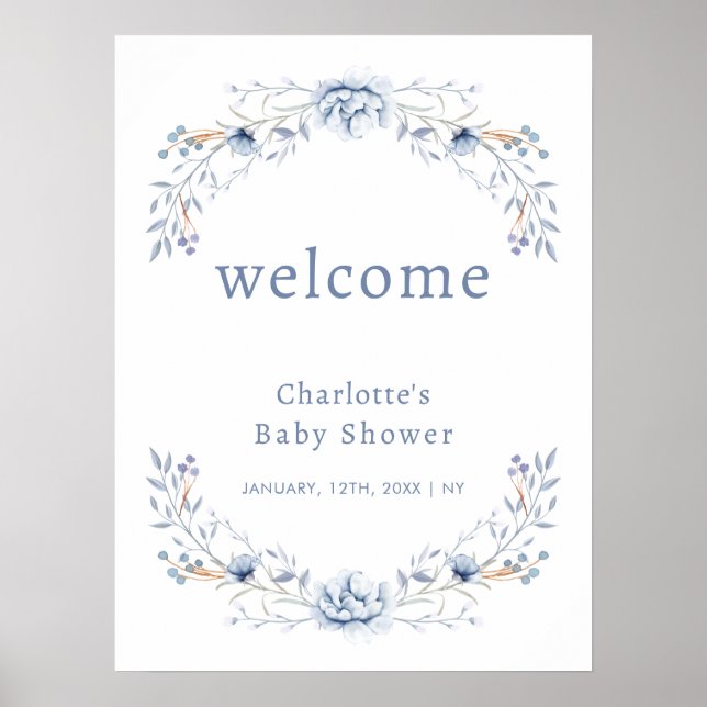 Elegant Winter Blue Floral Baby Shower Welcome Poster (Front)