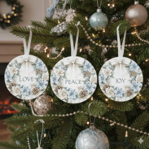 Elegant Winter Blue Floral Wreath PEACE Watercolor