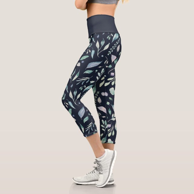 elegant winter blue foliage capri leggings (Left)