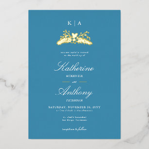 Elegant Winter Blue Gold Heart Monograms Wedding