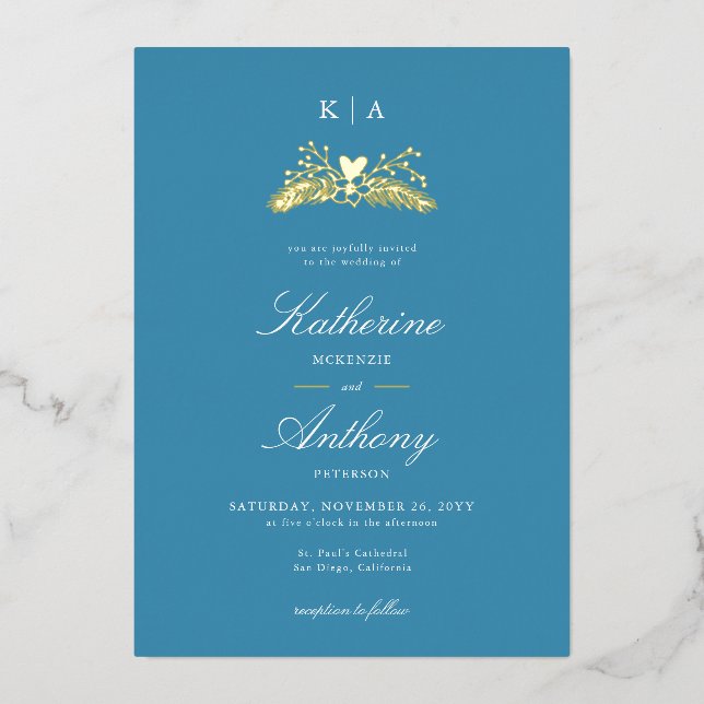Elegant Winter Blue Gold Heart Monograms Wedding (Front)