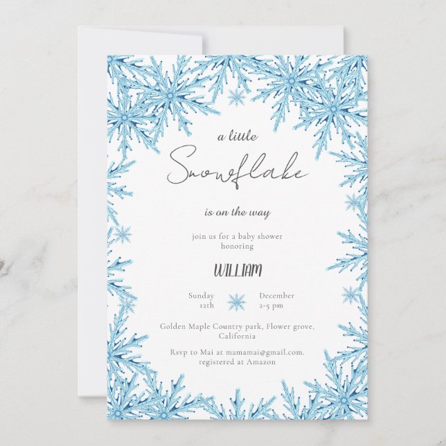 Elegant Winter Blue Little Snowflake Baby Shower Invitation (Front)