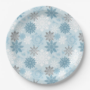 Elegant Winter Blue Silver Glitter Snowflakes Paper Plate