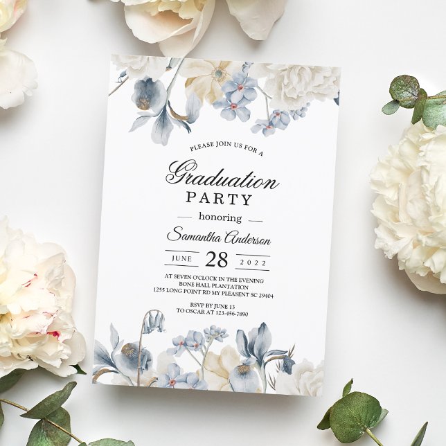 Elegant Winter Blue & White Floral Graduation Invitation (Creator Uploaded)