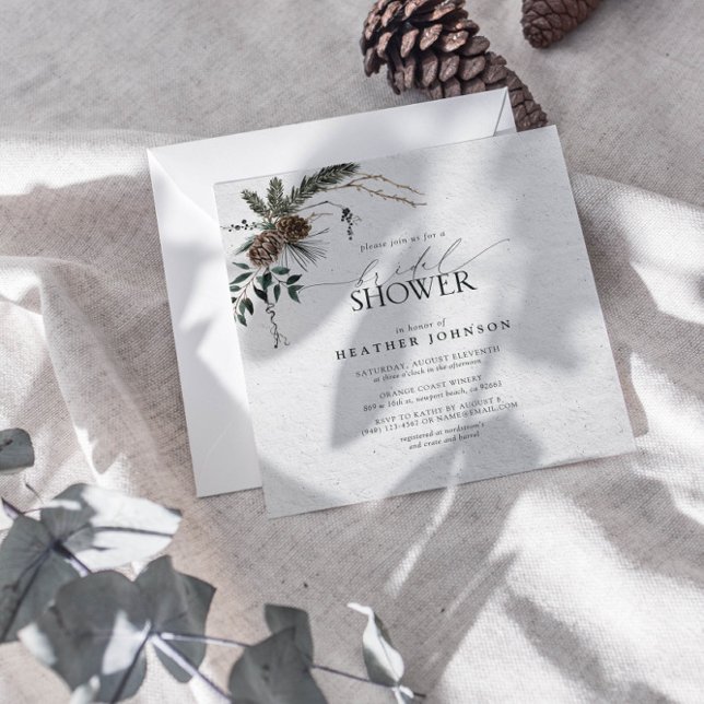 Elegant Winter Boho Chic Watercolor Bridal Shower Invitation (Join us in a winter wonderland of botanical bliss to shower the bride-to-be.)