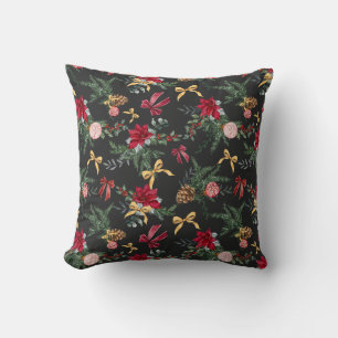 Elegant Winter Botanical Greenery and Bow Pattern Throw Pillow