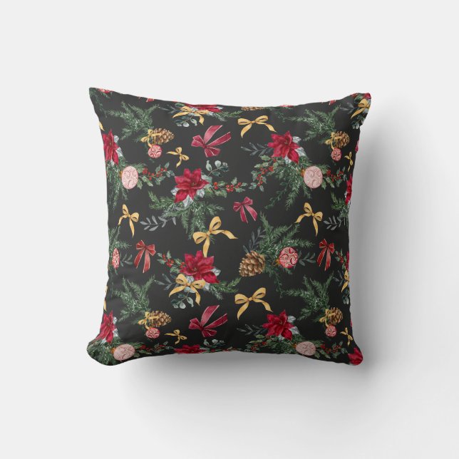 Elegant Winter Botanical Greenery and Bow Pattern Throw Pillow (Front)