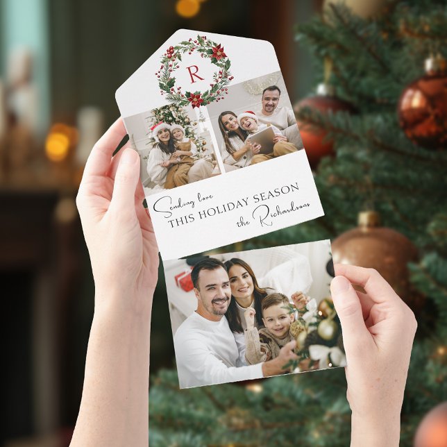 Elegant Winter Botanical Wreath w/Monogram 2-Photo All In One Invitation (Creator Uploaded)