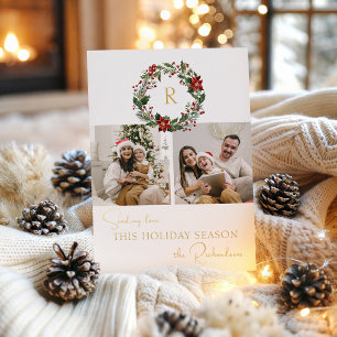 Elegant Winter Botanical Wreath w/Monogram 2-Photo Foil Holiday Card