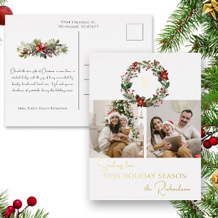 Elegant Winter Botanical Wreath w/Monogram 2-Photo Foil Holiday Postcard