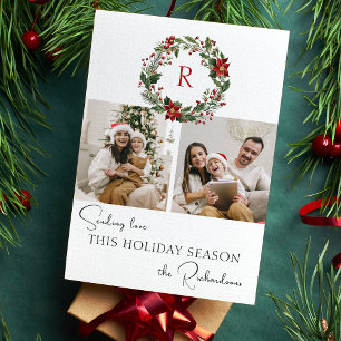 Elegant Winter Botanical Wreath w/Monogram 2-Photo Holiday Card