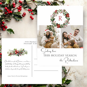 Elegant Winter Botanical Wreath w/Monogram 2-Photo Holiday Postcard