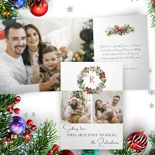 Elegant Winter Botanical Wreath w/Monogram 2-Photo Tri-Fold Holiday Card