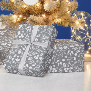 Elegant Winter Botanicals in Grey & White Wrapping Paper