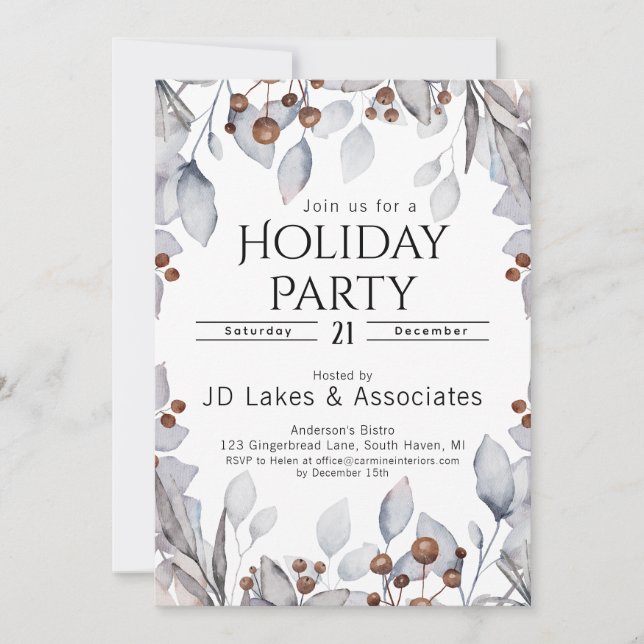 Elegant Winter Botanicals Monochrome Holiday Party Invitation (Front)