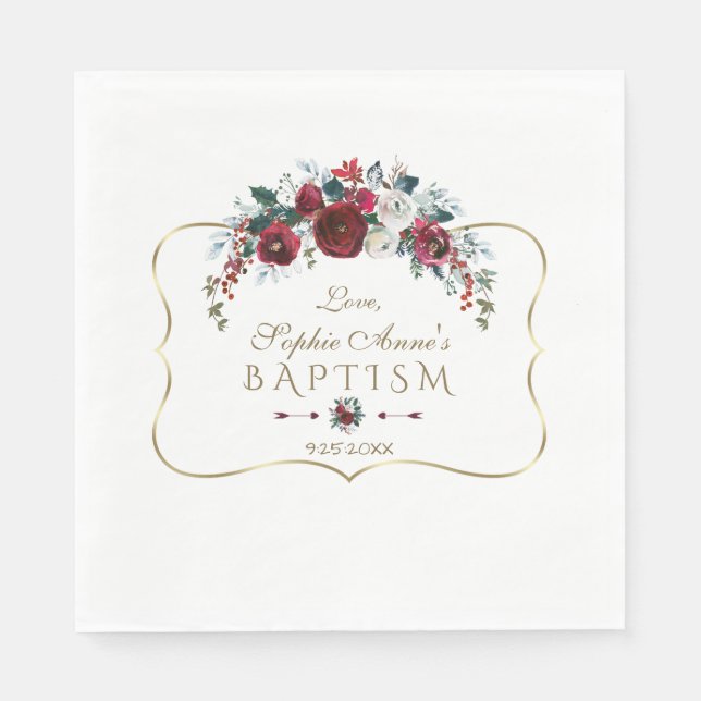 Elegant Winter Burgundy Floral Pine Gold Baptism Napkin (Front)