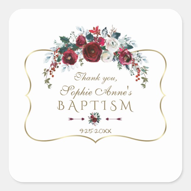 Elegant Winter Burgundy Floral Pine Gold Baptism Square Sticker (Front)