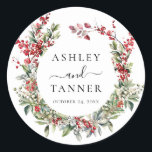Elegant Winter Christmas Floral Wedding Classic Round Sticker<br><div class="desc">Elegant Winter Christmas Floral Wedding Classic Round Sticker features elegant red and green watercolor greenery of holly and berries.</div>