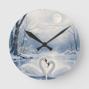 Elegant Winter Christmas with Swan Lake Scene Round Clock