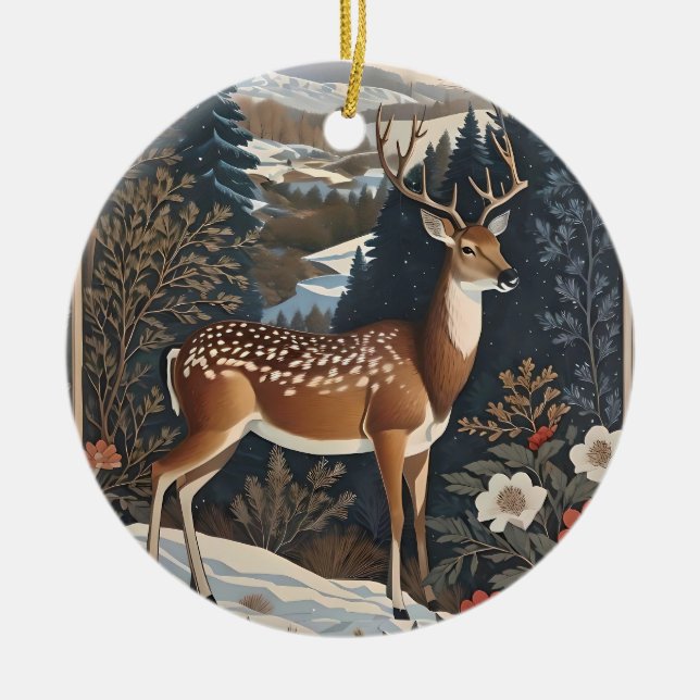 Elegant Winter Deer Nature Design Ceramic Ornament (Front)