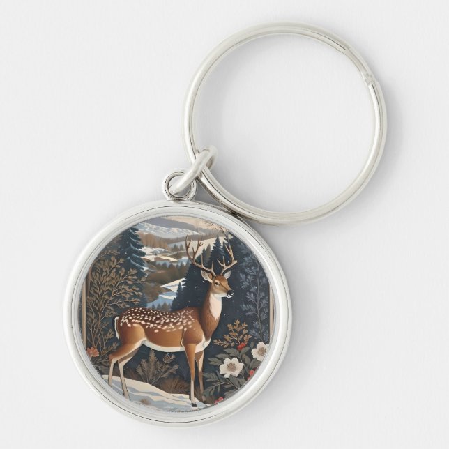Elegant Winter Deer Nature Design Keychain (Front)
