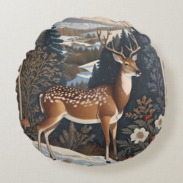 Elegant Winter Deer Nature Design Round Pillow (Front)