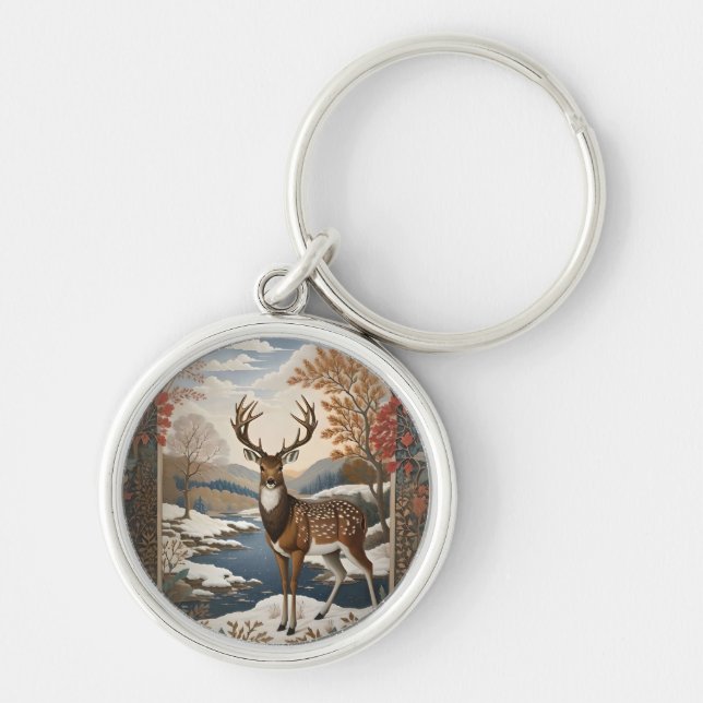 Elegant Winter Deer Winter Scene Keychain (Front)