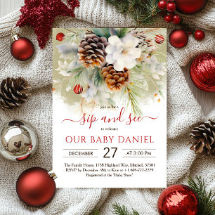 Elegant Winter Evergreen Baby Shower Sip & See Invitation