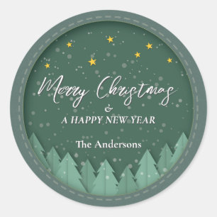Elegant Winter Evergreen Forest Papercut Christmas Classic Round Sticker