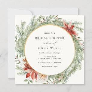 Elegant Winter Evergreen Poinsettia Bridal Shower Invitation
