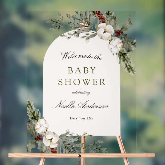 Elegant Winter Floral Arch Baby Shower Welcome Acrylic Sign (Neutral)