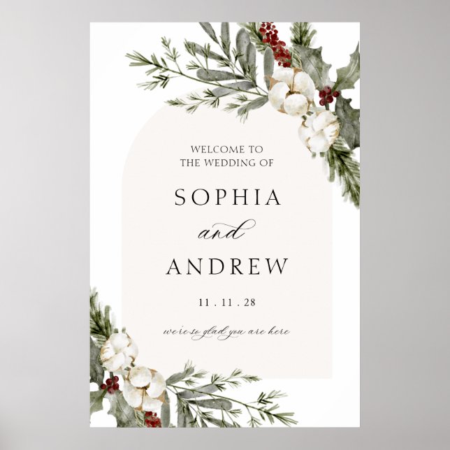 Elegant Winter Floral Arch Wedding Welcome Poster (Front)