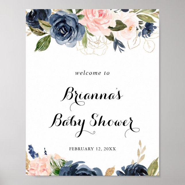 Elegant Winter Floral Baby Shower Welcome Poster (Front)