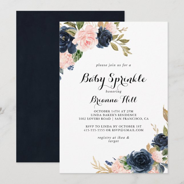 Elegant Winter Floral Calligraphy Baby Sprinkle Invitation (Front/Back)