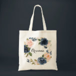 Elegant Winter Floral Calligraphy Bridesmaid Tote Bag<br><div class="desc">This elegant winter floral calligraphy bridesmaid tote bag is the perfect wedding gift to present your bridesmaids and maid of honour for a modern wedding. The design features beautiful hand-painted dark blue,  blue,  navy,  pink ,  blush,  gold flowers and green foliage,  bunched into elegant bouquets.</div>