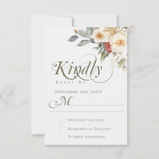 Elegant Winter Floral Calligraphy Script Wedding RSVP Card (Front)
