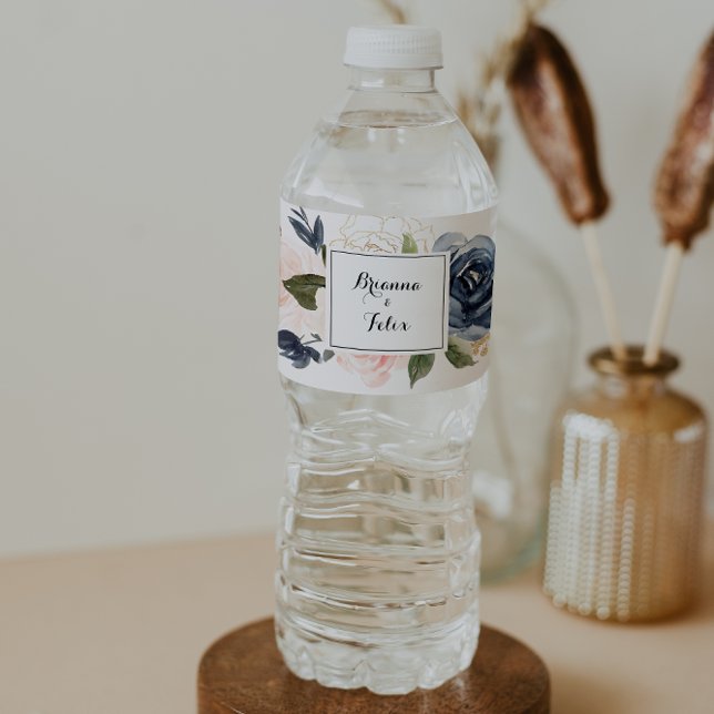 Elegant Winter Floral Calligraphy Wedding Water Bottle Label (Creator Uploaded)