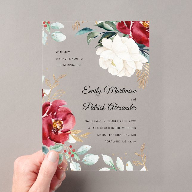 Elegant Winter Floral Christmas Wedding Acrylic Invitations (Insitu (Handheld))