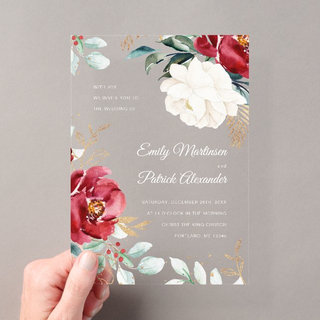 Elegant Winter Floral Christmas Wedding Acrylic Invitations (Insitu (Handheld))
