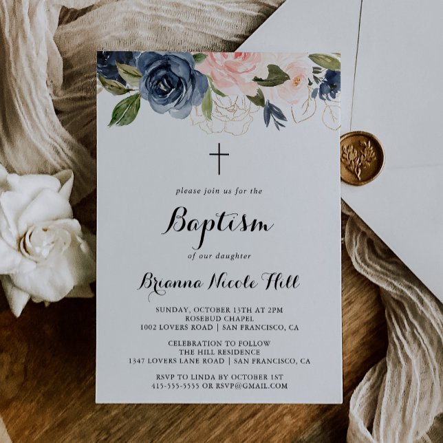 Elegant Winter Floral Cross Baptism Invitation (Creator Uploaded)