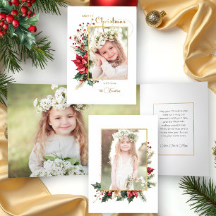 Elegant Winter Floral Gold Merry Christmas 1 Photo Tri-Fold Card