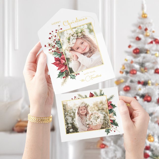Elegant Winter Floral Gold Script 1 Photo Foil All In One Invitation (Creator Uploaded)