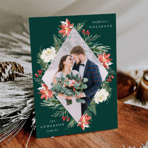 Elegant Winter Floral Green Geometric Frame Photo Holiday Card