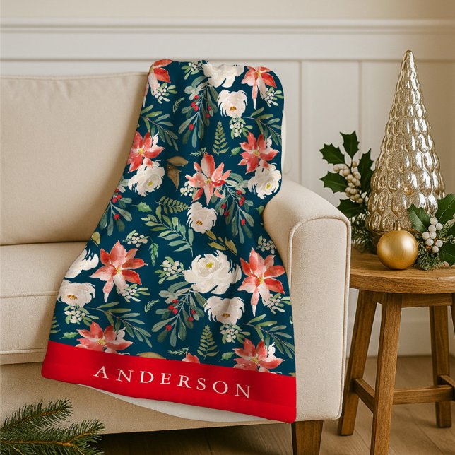 Elegant Winter Floral Green Personalized Holiday Fleece Blanket (Creator Uploaded)