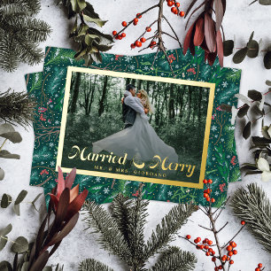 Elegant Winter Floral Married & Merry Photo Foil Holiday Card