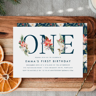 Elegant Winter Floral Navy 1st Birthday Party Invitation