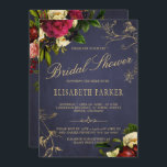 Elegant winter floral navy burgundy bridal shower invitation<br><div class="desc">A beautiful traditional bridal shower / bridal brunch invitation featuring winter / Christmas flower bouquets of dark burgundy, vibrant red and ivory cream roses, and peonies, foliage and leaves and a chic gold calligraphy script over a dark midnight navy blue chalkboard background. The invite is suitable also for summer night...</div>