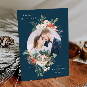 Elegant Winter Floral Navy Circle Frame Photo Holiday Card