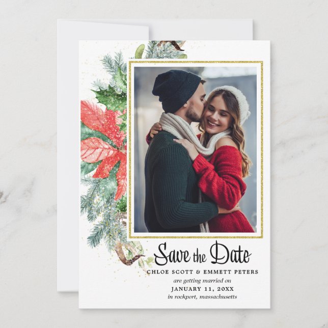 Elegant Winter Floral Photo Save The Date (Front)
